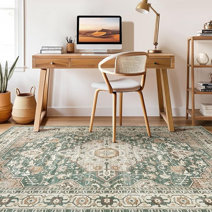 Green Rug Living Room Rugs: 8x10 Washable Boho Large Vintage Soft Stain - Image 7