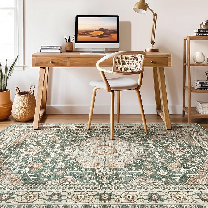 Green Rug Living Room Rugs: 10x13 Washable Boho Large Vintage Soft Stain - Image 7