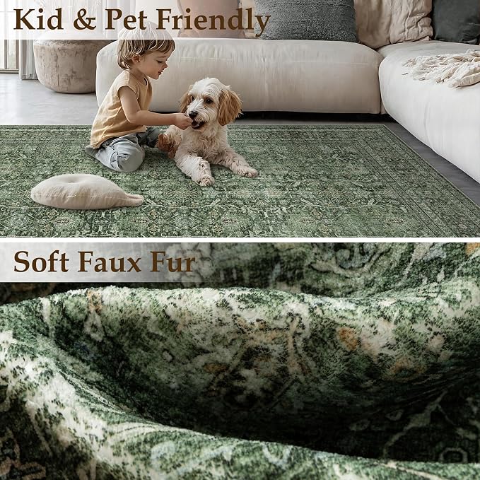 Green Area Rug 4x6 Washable Office Entryway Carpet Soft Vintage Indoor Kitchen - Image 3