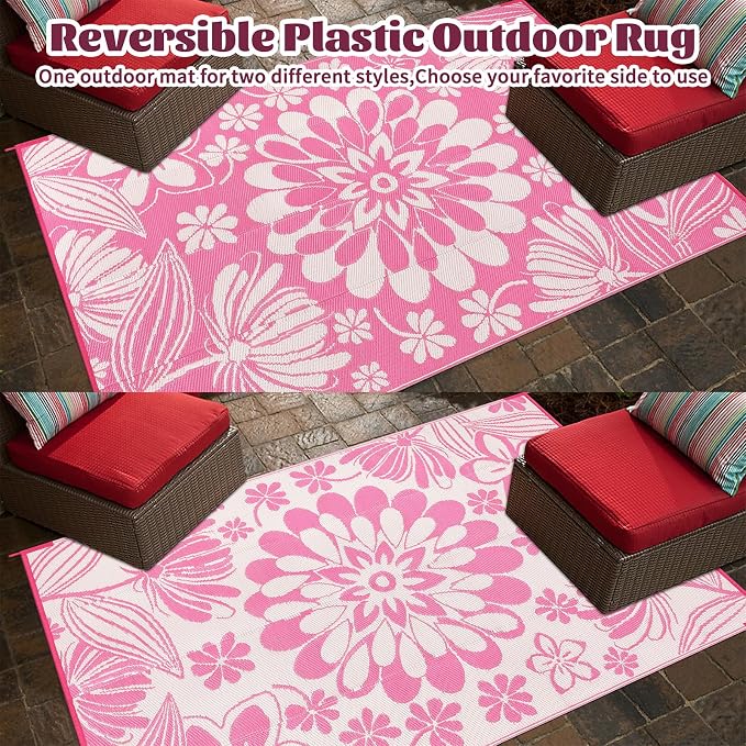 Ileading Outdoor Plastic Straw Rug 6x9ft Funny Floral Style Reversible Patio - Image 3