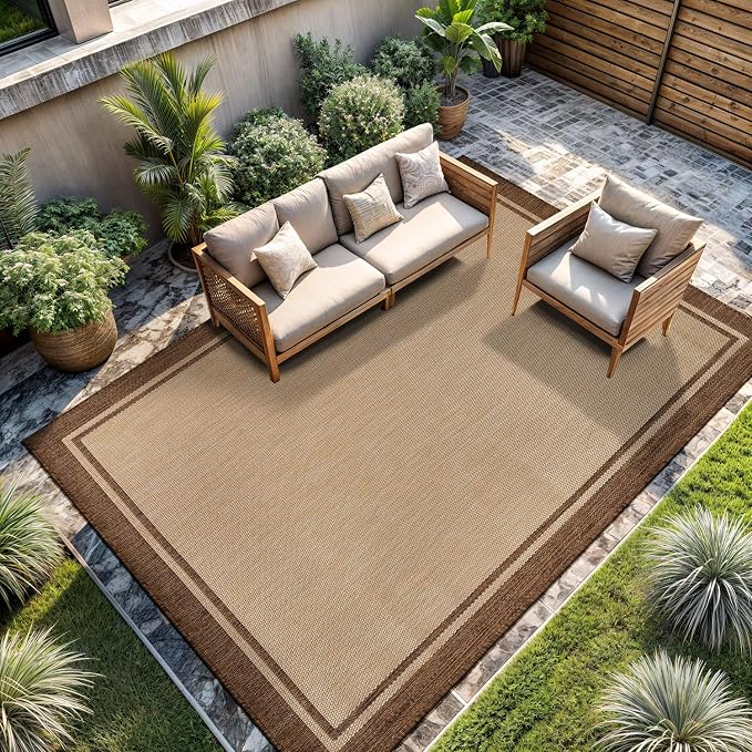 CAMILSON Outdoor Rug 9x12 Bordered Natural Brown Modern Area Rugs - Image 8