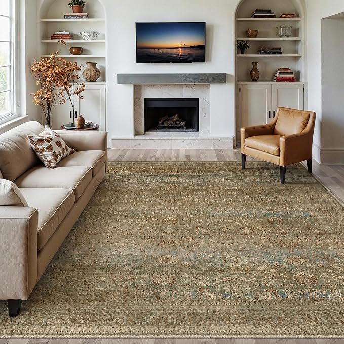 Vintage Area Rug 9x12 Washable Brown Living Room Carpet Large Indoor Non Slip by PureCozy