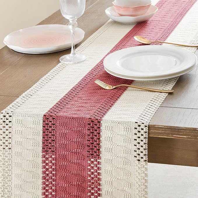 ZeeMart Macrame Style Bicolor Stitching Table Runner, 14 x 108 Inch Dusty - Image 5