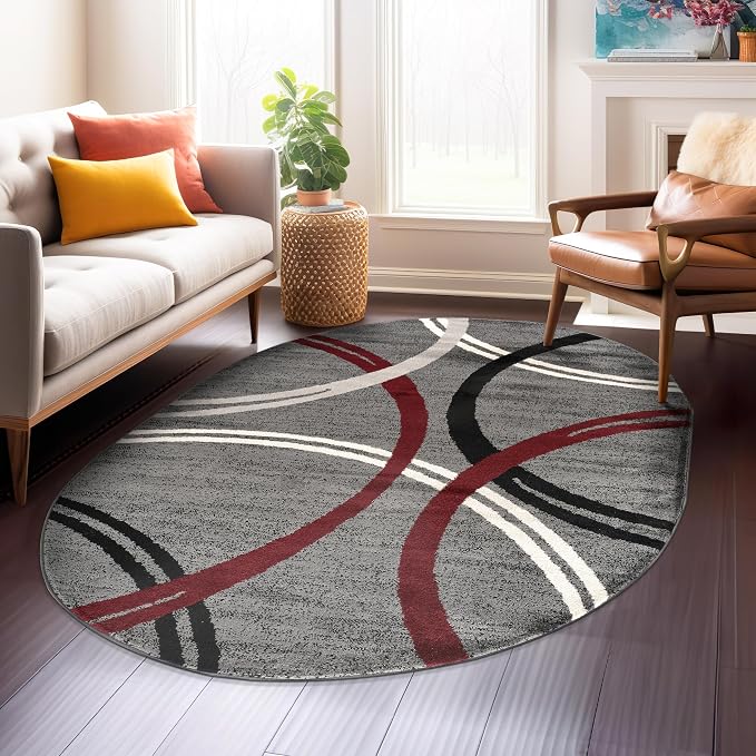 Rugshop Modern Wavy Circles Design Non-Shedding Oval Rug, Carpet by Rugshop