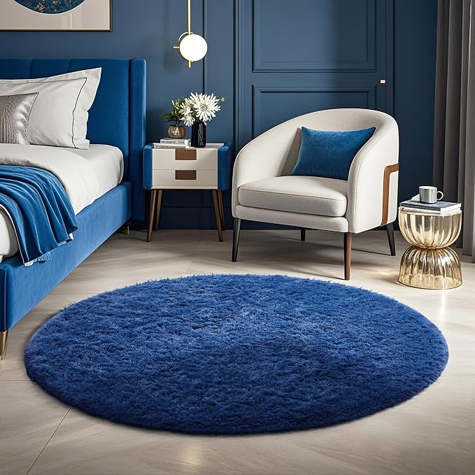 Ophanie Round Rug 4Ft Blue Circle Area Rug, Boys Room Decor, Fluffy Fuzzy by Ophanie