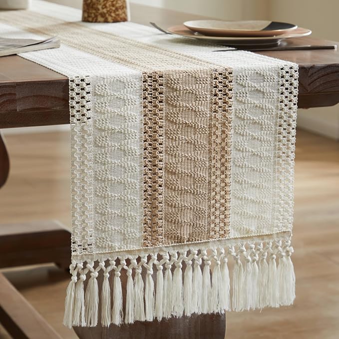 ZeeMart Macrame Style Bicolor Stitching Table Runner, 14 x 72 Inch Taupe/Ivory - Image 7
