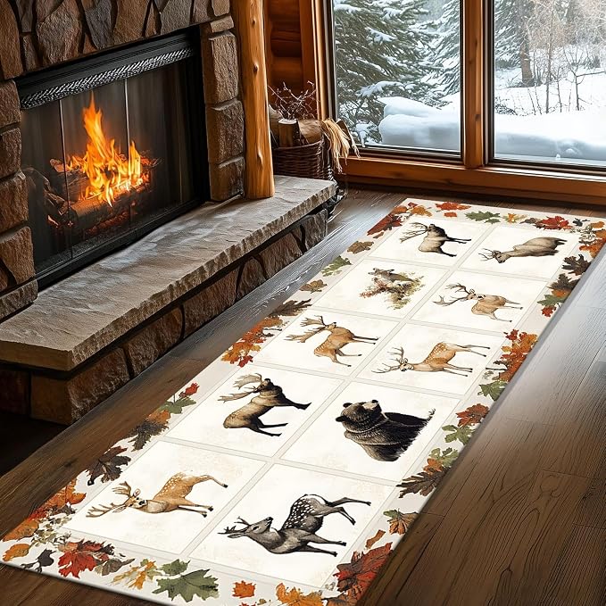 Beige Checkered Maple Bear Elk Hallway Rug 4x10ft Bohemian Vintage Floor Mat - Image 4