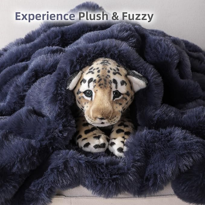 Smoofy Faux Fur Throw Blanket for Couch – Navy Blue Fluffy Cozy Rabbit Fleece - Image 7