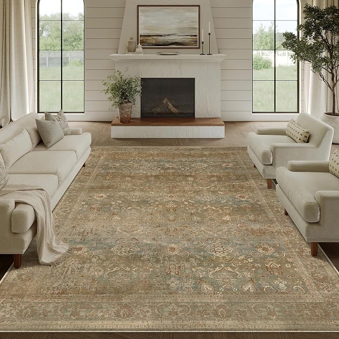 Vintage Area Rug 9x12 Washable Brown Living Room Carpet Large Indoor Non Slip - Image 5