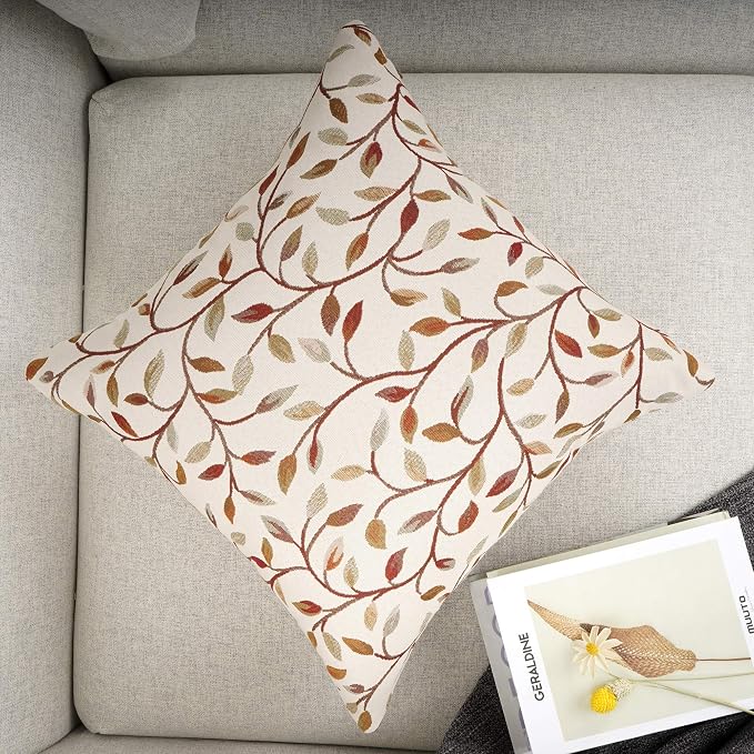 YOUR SMILE Classical Embroidery Jacquard Beige Leaf Pattern Square Decorative - Image 3