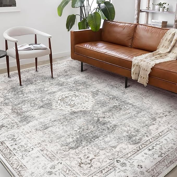 Washable Area Rug 9'x12' Retro Boho Design Non-Shedding Easy Care Ideal - Image 2