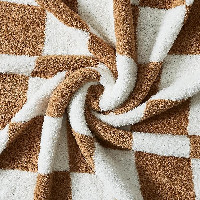 WRENSONGE Fall Checkered Throw Blanket, Burnt Orange Soft Cozy Fluffy Warm Hand - Image 5