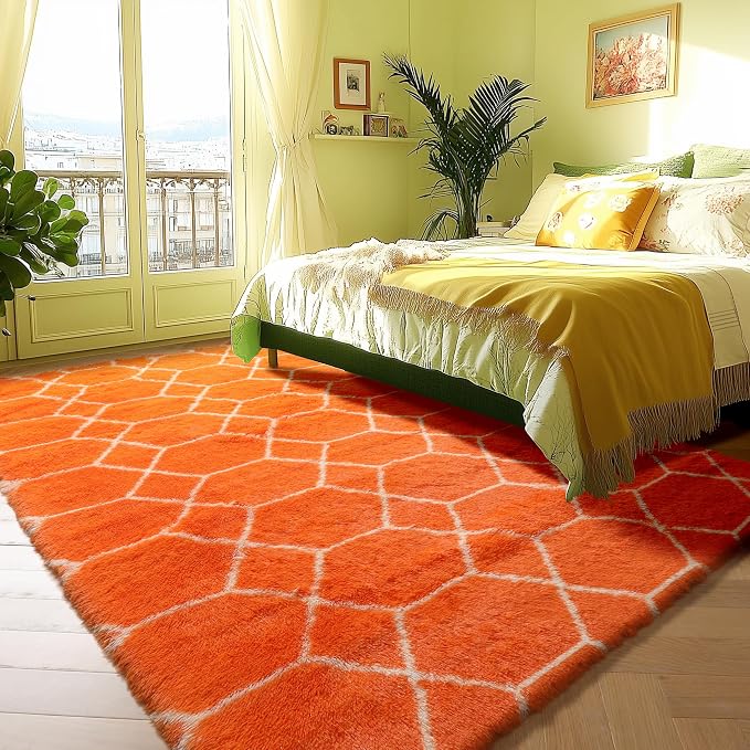 ONASAR Rugs for Living Room Bedroom, 5x8 Washable Fluffy Orange and White Area - Image 5