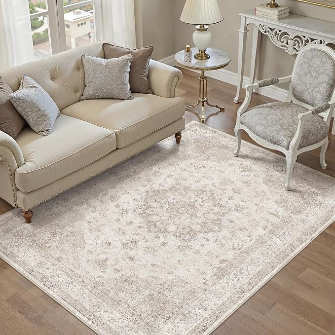 Beige Area Rug 4x5 Washable Vintage Carpet Entryway Office Soft Retro Kitchen by PureCozy