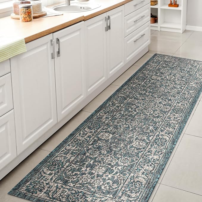 JONATHAN Y Weave Floral Indoor Outdoor Runner Rug 2X8 Teal/Gray, Tela Bohemian by JONATHANY