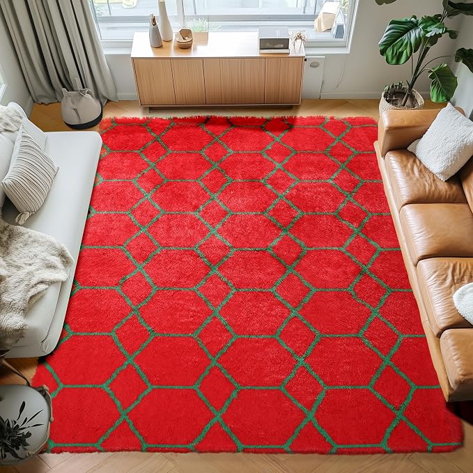 ONASAR 6x9 Area Rugs for Living Room, Large Fluffy Red and Dark Green Bedroom - Image 4