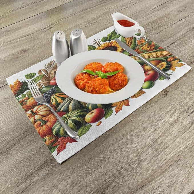 Ambesonne Fall Place Mats Set of 4, Pumpkins Apples and Sunflowers Harvest Time - Image 2