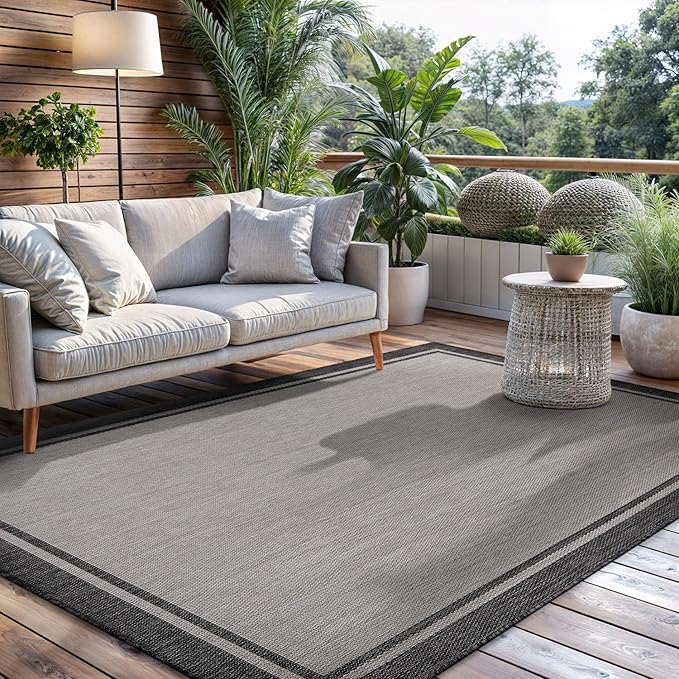 CAMILSON Indoor Outdoor Rug, 5x7 Bordered Gray Modern Area Rugs by CAMILSONIndoorOutdoorAreaRugs