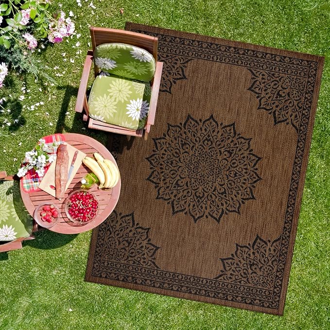 CAMILSON Outdoor Rug, 10x14 Medallion Nut Brown Black Modern Area Rugs - Image 7