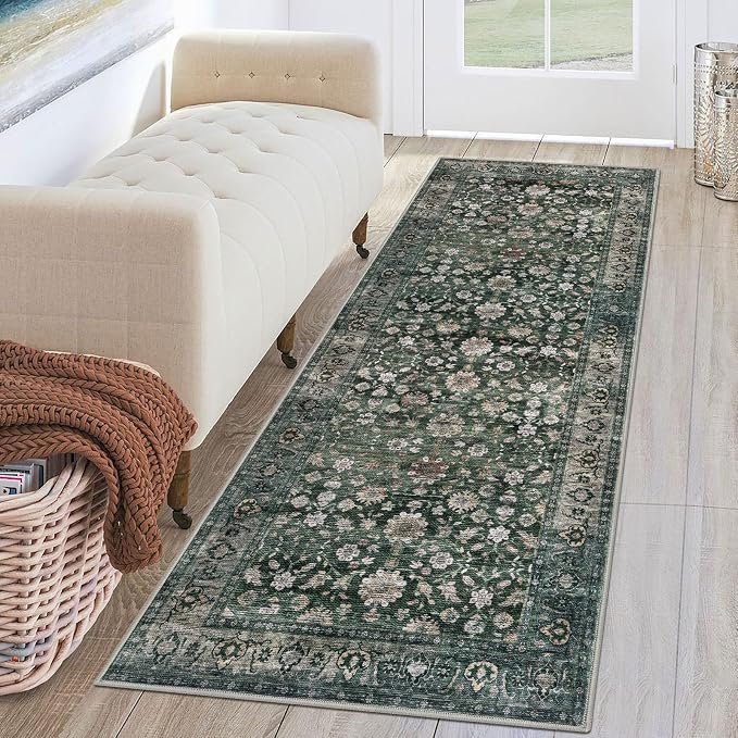 KUTA Runners for Hallways 2x6 Dark Green, Vintage Floral Rug Non-Slip Washable by KUTA