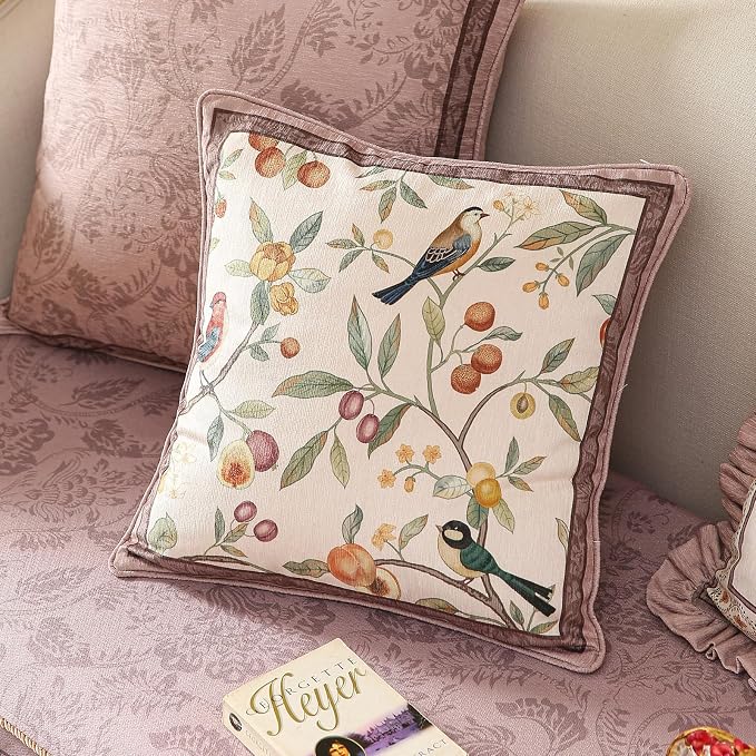 Square Pink Farmhouse Throw Pillow Covers, Birds and Flowers Pattern Cozy - Image 5