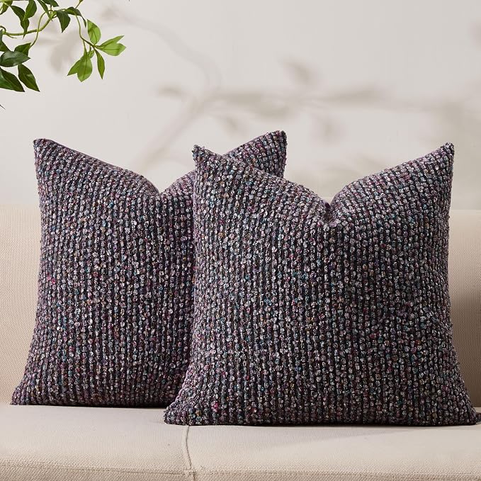 Decorative Couch Throw Pillow Covers 20x20 Set of 2 Purple Striped Soft Wool by Allorry