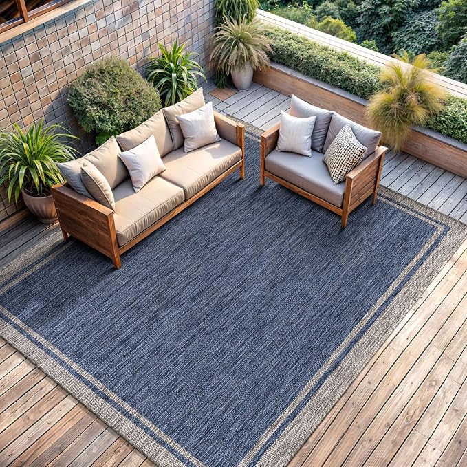 CAMILSON Outdoor Rug, 9x12 Bordered Navy Blue Gray Modern Large Area Rugs - Image 4