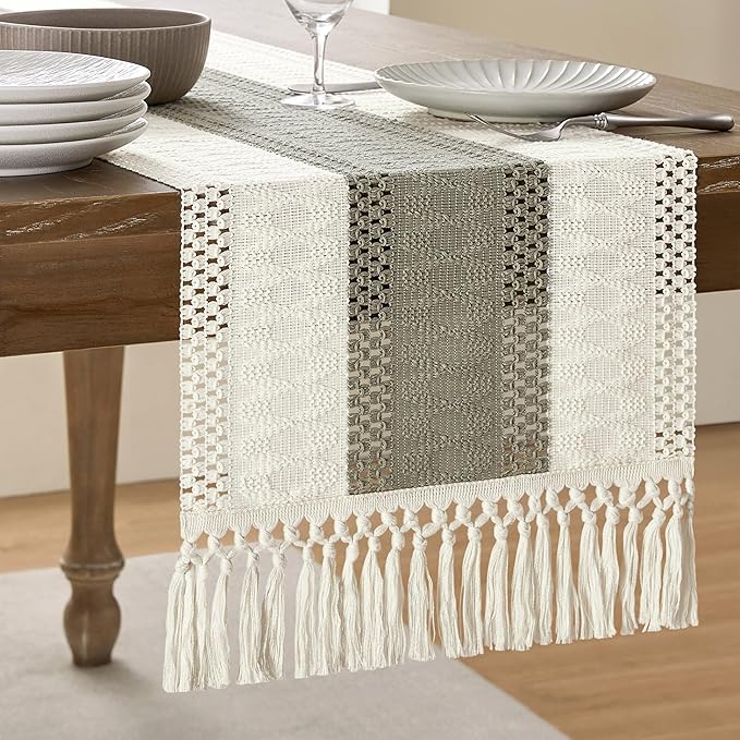 ZeeMart Macrame Style Bicolor Stitching Table Runner, 14 x 60 Inch Dark by ZEEMARTONLINE