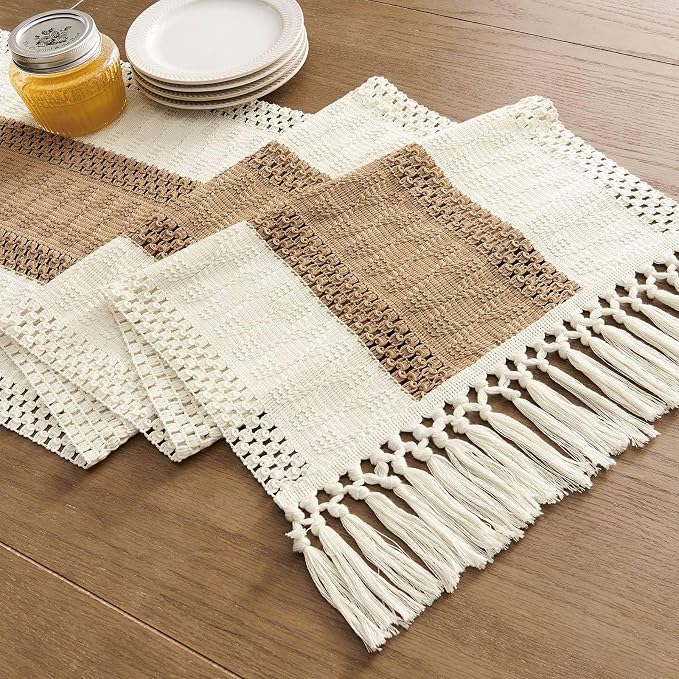 ZeeMart Macrame Style Bicolor Stitching Table Runner, 14 x 90 Inch Brown/Ivory - Image 7