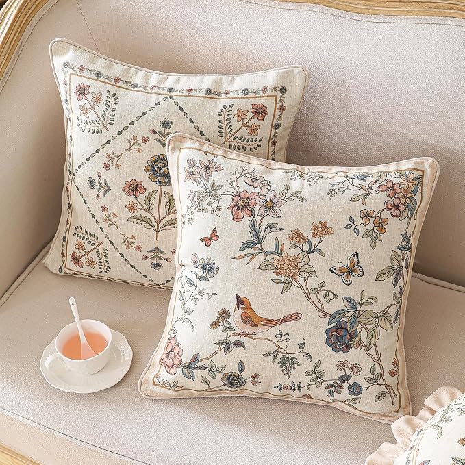 ISAENNE Design Square Floral Bird Linen Throw Pillow Covers 18"x18" Pack of 2 - Image 3