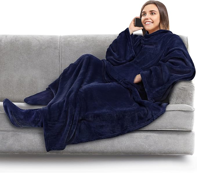 PAVILIA Fleece Blanket with Sleeves, Foot Pockets by PAVILIA