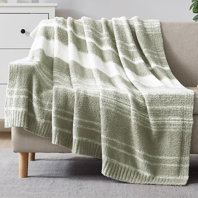 WRENGONGE Sage Green Throw Blanket, 60x80 Soft Cozy Striped Throw Blankets by WRENSONGE