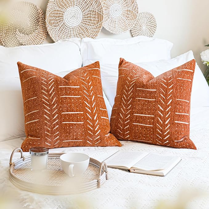 BlissBlush Fall Brick Red Decorative Throw Pillow Covers 20X20, Boho Farmhouse by BlissBlush
