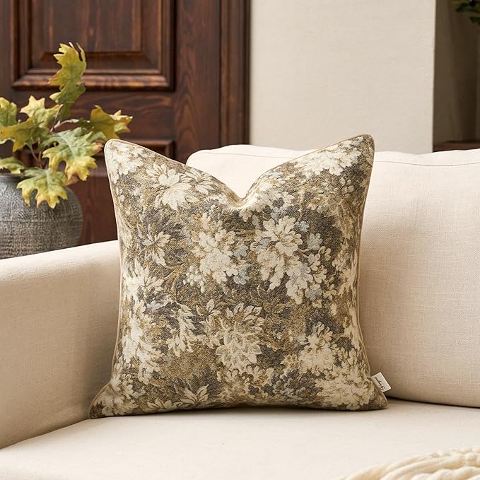 Yangest Neutral Floral Pillow Cover 20 x 20 Inches, Vintage Chenille Square by Yangest