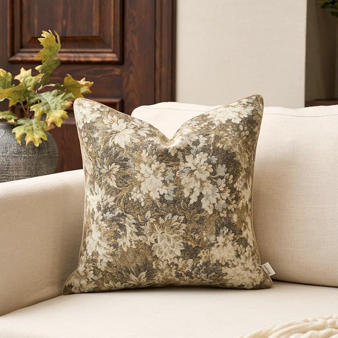 Yangest Neutral Floral Pillow Cover 24 x 24 Inches, Vintage Chenille Square by Yangest