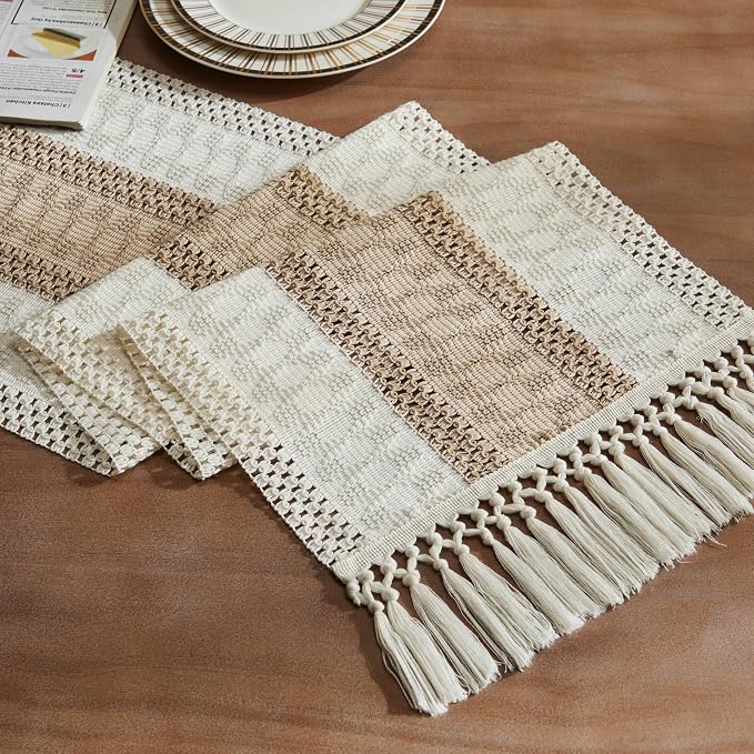 ZeeMart Macrame Style Bicolor Stitching Table Runner, 14 x 60 Inch Taupe/Ivory by ZEEMARTONLINE