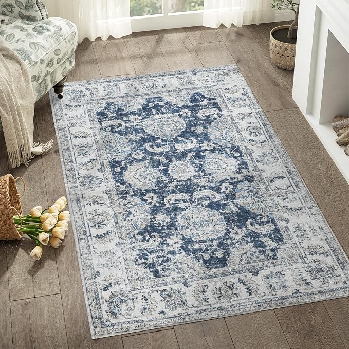 jinchan Fiora Washable Area Rug 3x5 Entryway Rug Distressed Vintage Floral by JINCHAN