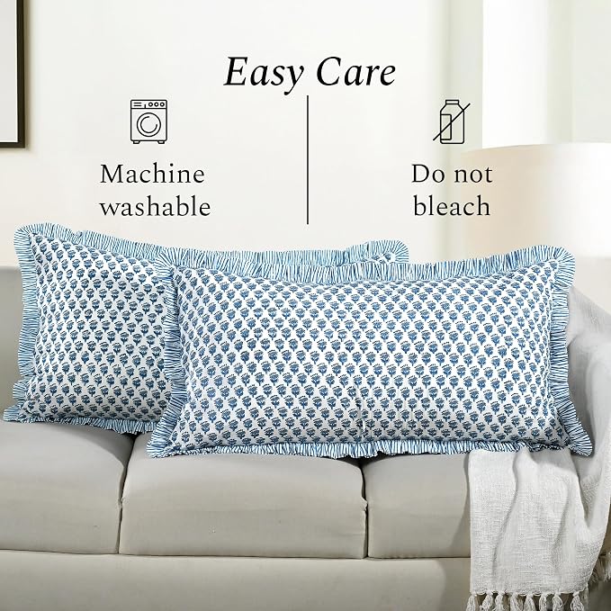 CPC Apatite Blue 100% Cotton Block Print Ruffle Sham Cover 20X36 inch Pack of 2 - Image 8