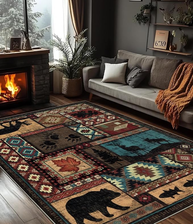 YIHOUSE Rustic Cabin Area Rug 5x7, Machine Washable Lodge Bear Rug, Non-Slip by YIHOUSE