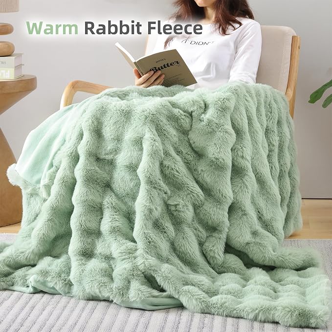 Smoofy Faux Fur Throw Blanket for Couch – Sage Fluffy Cozy Rabbit Fleece - Image 6
