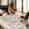 Washable Area Rug 9'x12' Blue Khaki Retro Flowers Boho Design Non-Shedding Easy by CHAMPLANT
