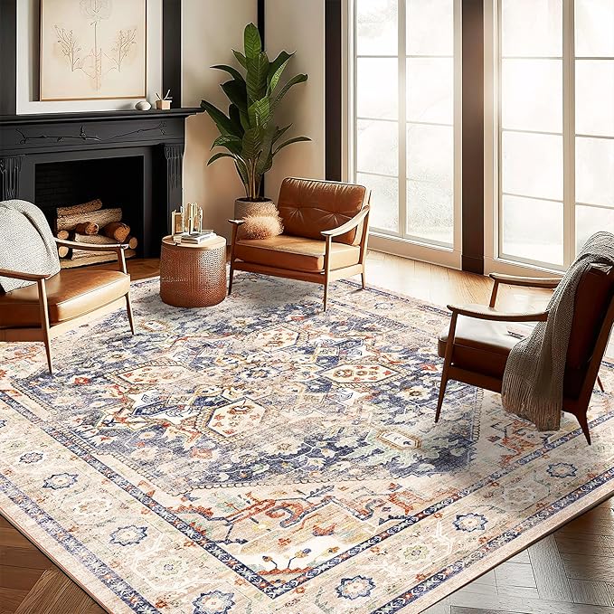 Washable Area Rug 8'x10' Blue Khaki Retro Boho Design Non-Shedding Non-Slip by CHAMPLANT