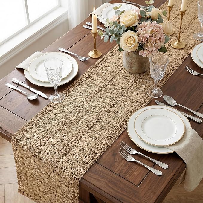 Burlap Boho Table Runner Farmhouse Rustic Jute Macrame Woven Dining Table Runner - Image 6