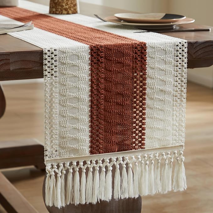 ZeeMart Macrame Style Bicolor Stitching Table Runner, 14 x 90 Inch - Image 7