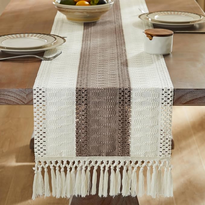 ZeeMart Macrame Style Bicolor Stitching Table Runner, 14 x 90 Inch Cocoa - Image 3