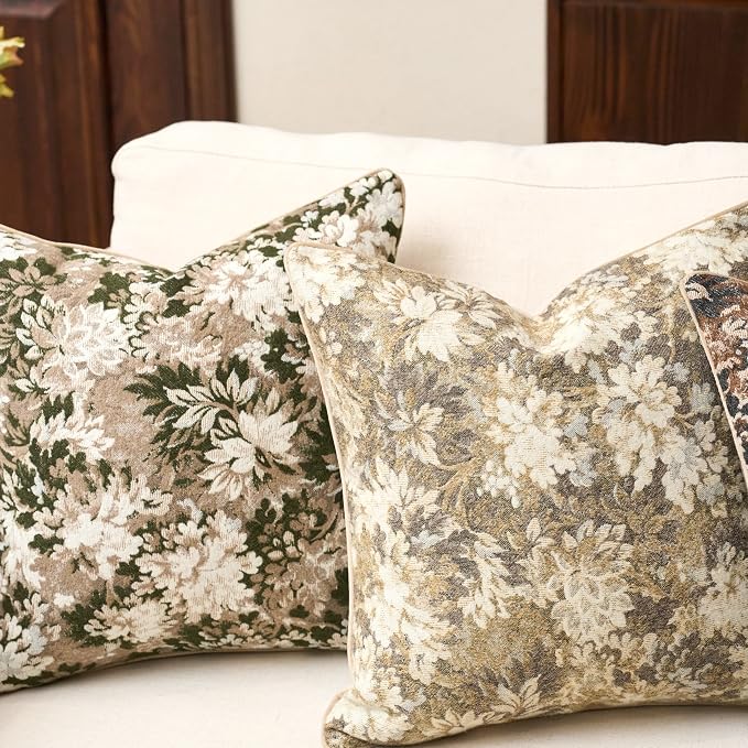 Yangest Neutral Floral Pillow Cover 24 x 24 Inches, Vintage Chenille Square - Image 4