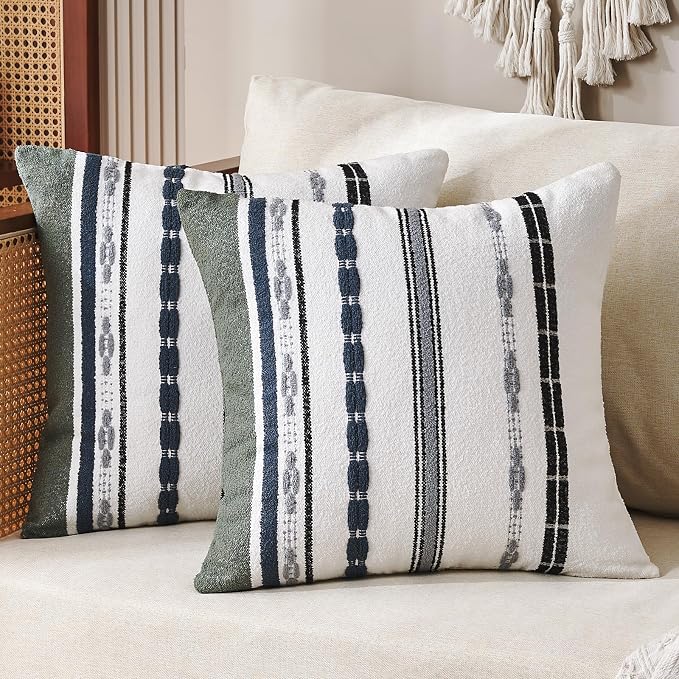 Boho Throw Pillow Covers 18 x 18 Chenille Pillow Covers Striped Square Elegant by Wosendy