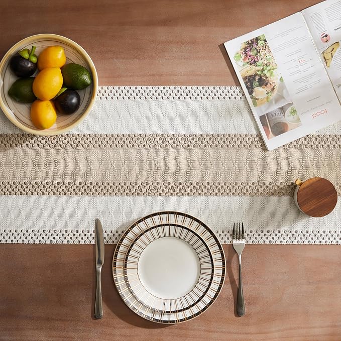 ZeeMart Macrame Style Bicolor Stitching Table Runner, 14 x 60 Inch Taupe/Ivory - Image 4