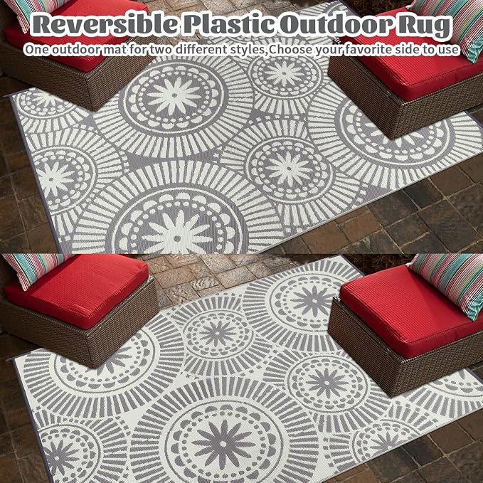 Ileading Large Plastic Outdoor Rug 9x12ft Modern Geometric Style Reversible - Image 3