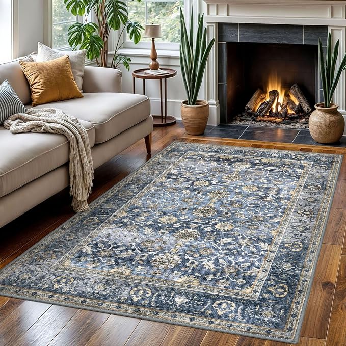 KUTA Vintage Area Rug 4x6 Washable Rug Blue Grey Beige Traditional Floor Cover - Image 2